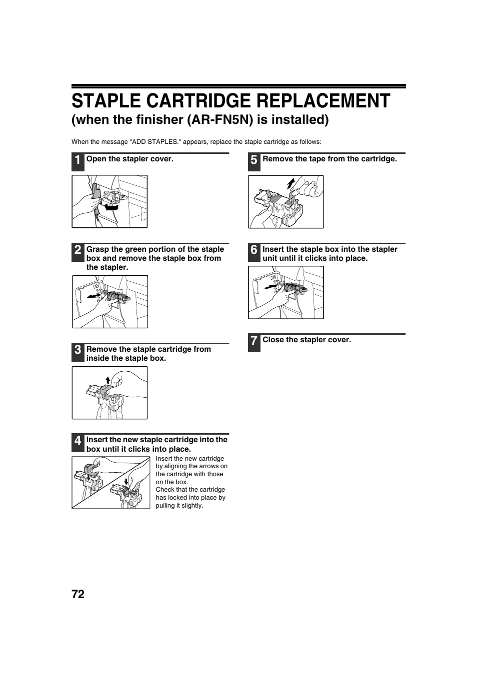 Staple cartridge replacement, When the finisher (ar-fn5n) is installed) | Sharp AR-M236 User Manual | Page 74 / 100