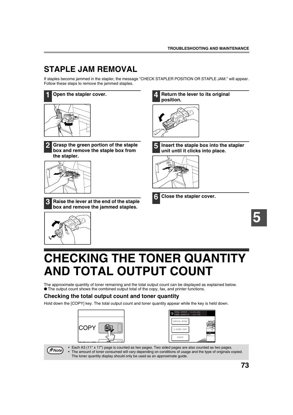Checking the toner quantity and total output count, Staple jam removal | Sharp AR-M236 User Manual | Page 75 / 100