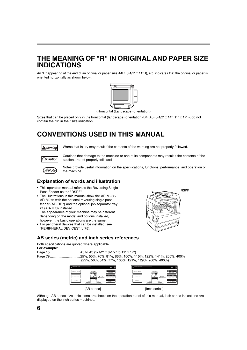 Conventions used in this manual, Explanation of words and illustration, Ab series (metric) and inch series references | Ab series] [inch series | Sharp AR-M236 User Manual | Page 8 / 100