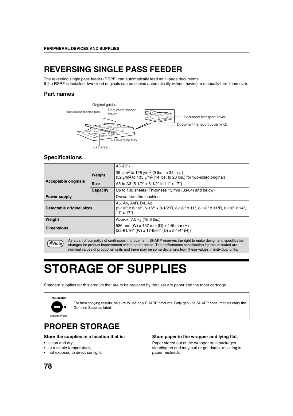 Storage of supplies, Reversing single pass feeder, Proper storage | Part names specifications | Sharp AR-M236 User Manual | Page 80 / 100