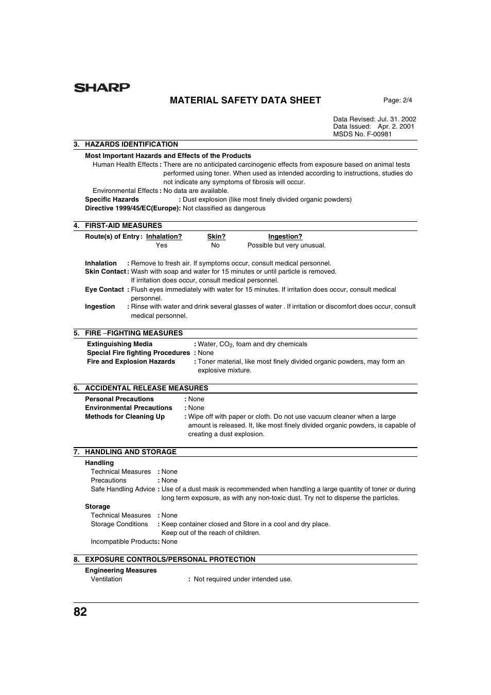 Material safety data sheet | Sharp AR-M236 User Manual | Page 84 / 100