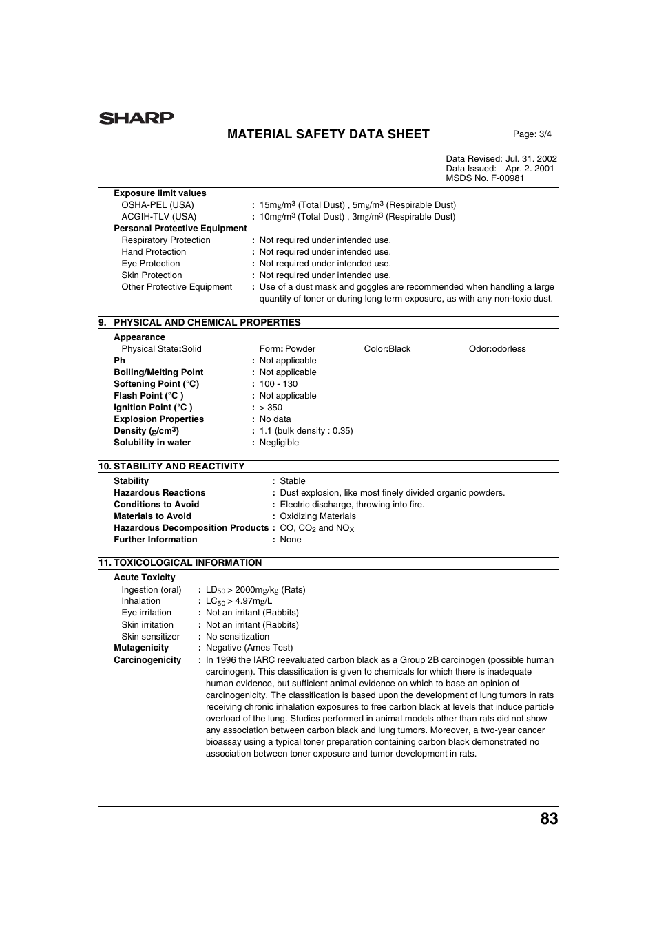 Material safety data sheet | Sharp AR-M236 User Manual | Page 85 / 100