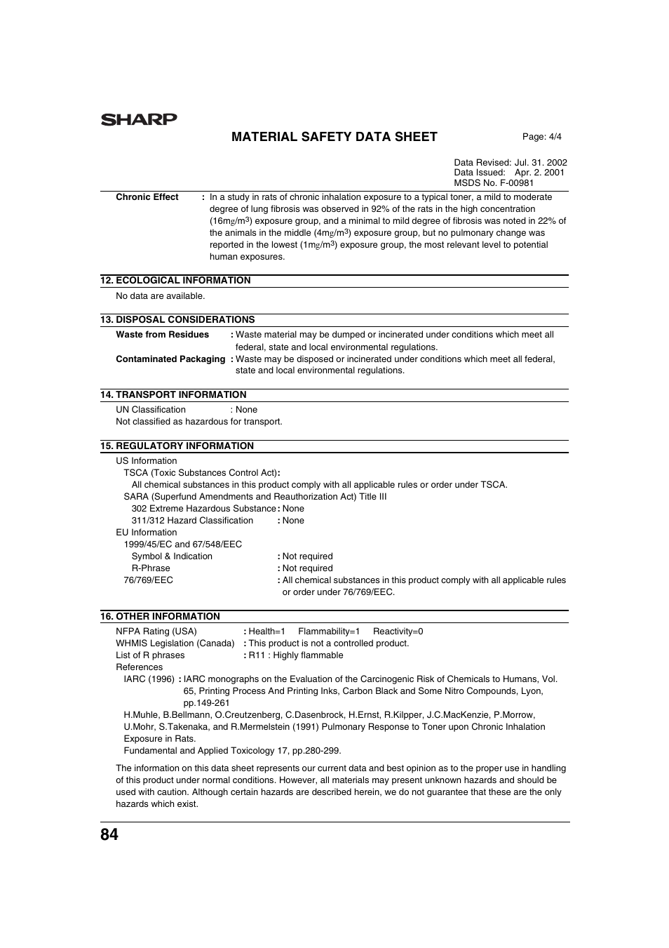 Material safety data sheet | Sharp AR-M236 User Manual | Page 86 / 100
