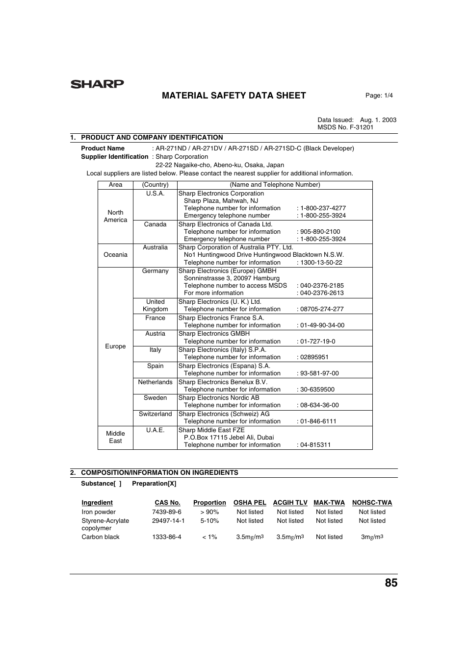 Material safety data sheet | Sharp AR-M236 User Manual | Page 87 / 100