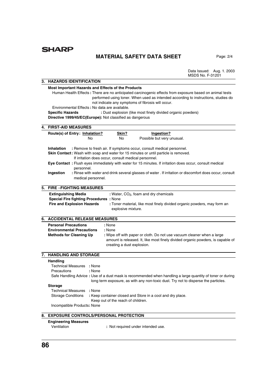Material safety data sheet | Sharp AR-M236 User Manual | Page 88 / 100