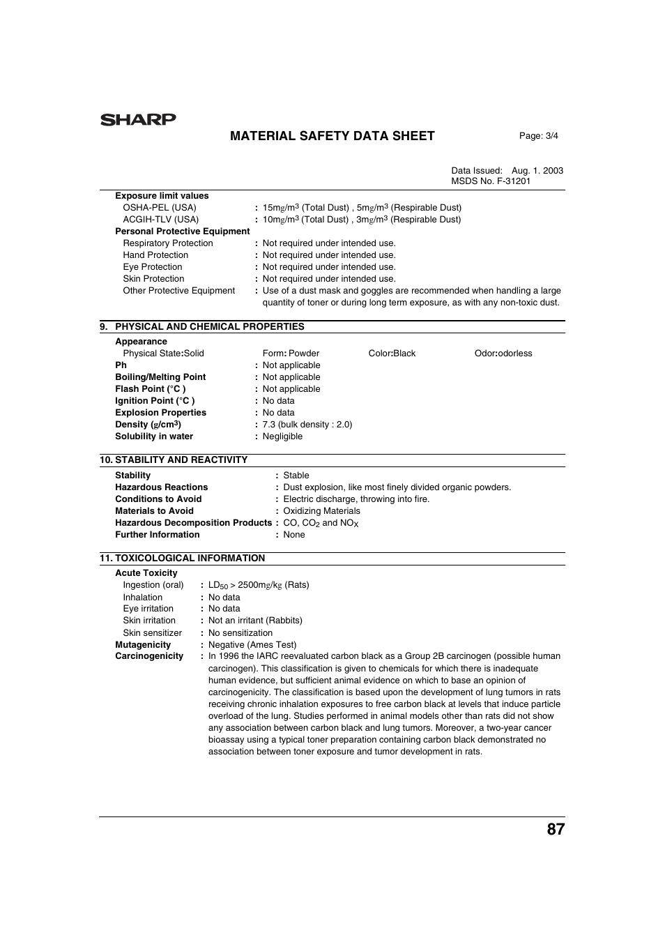 Material safety data sheet | Sharp AR-M236 User Manual | Page 89 / 100