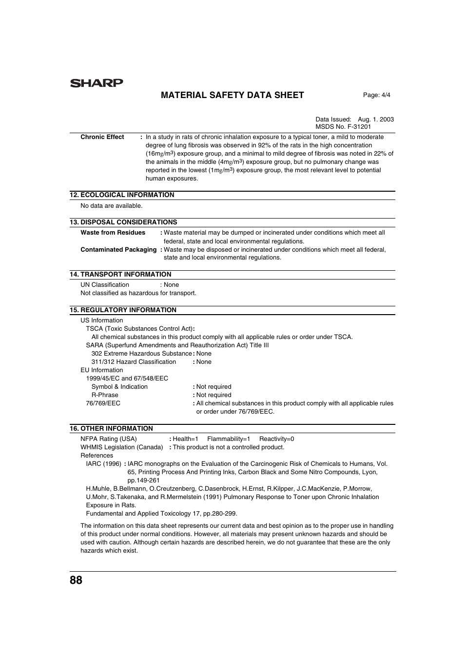 Material safety data sheet | Sharp AR-M236 User Manual | Page 90 / 100