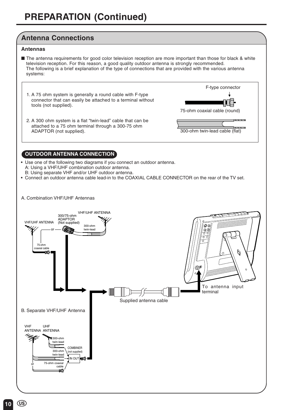 Preparation (continued), Antenna connections, Outdoor antenna connection | Antennas | Sharp Aquos LC 10A3U User Manual | Page 10 / 35