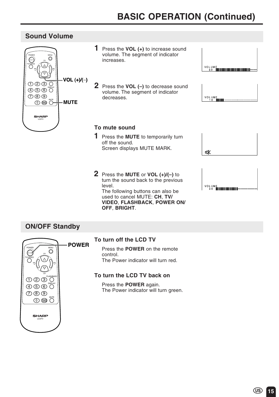Basic operation (continued), Sound volume on/off standby, Power | Sharp Aquos LC 10A3U User Manual | Page 15 / 35