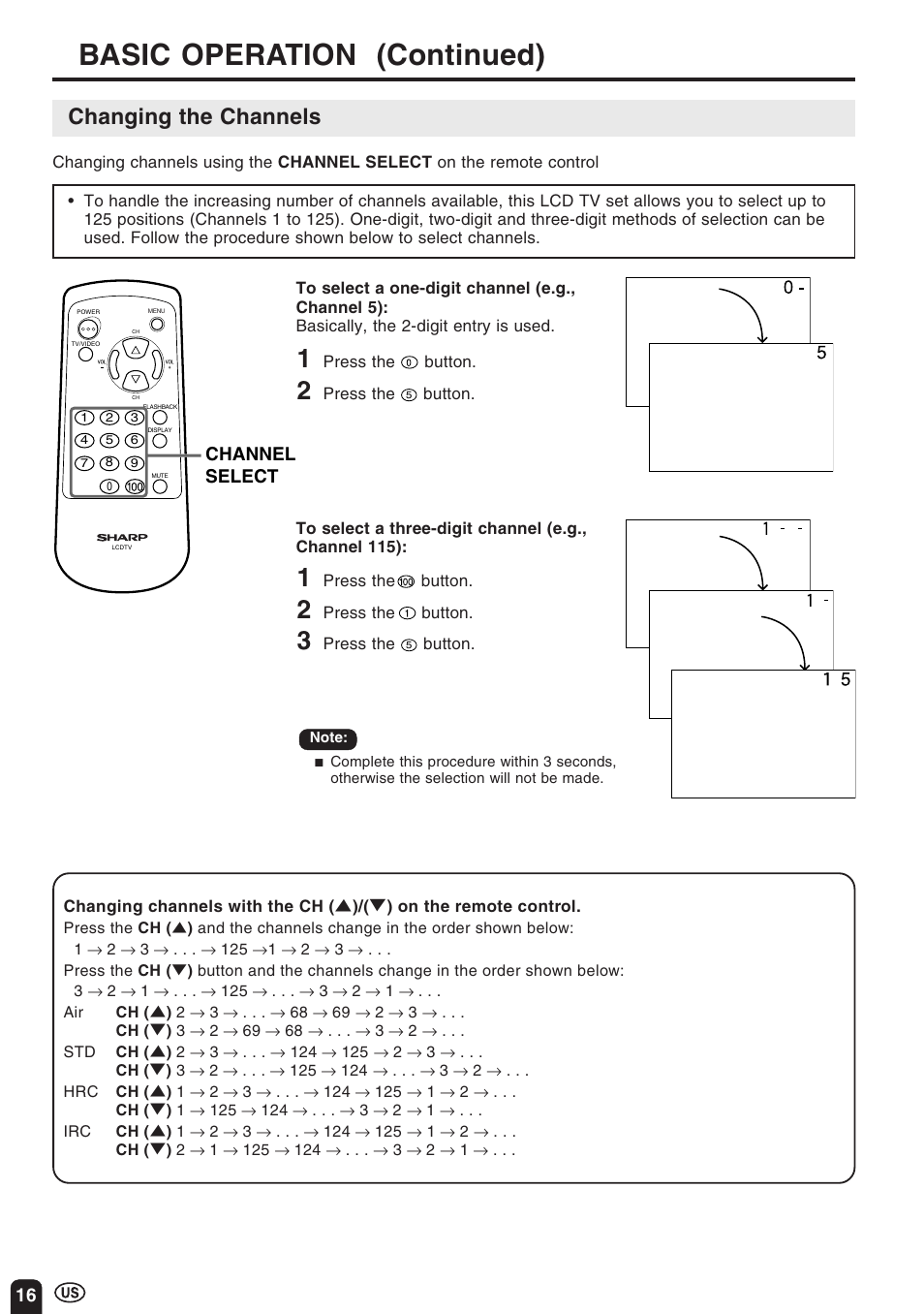Basic operation (continued), Changing the channels | Sharp Aquos LC 10A3U User Manual | Page 16 / 35