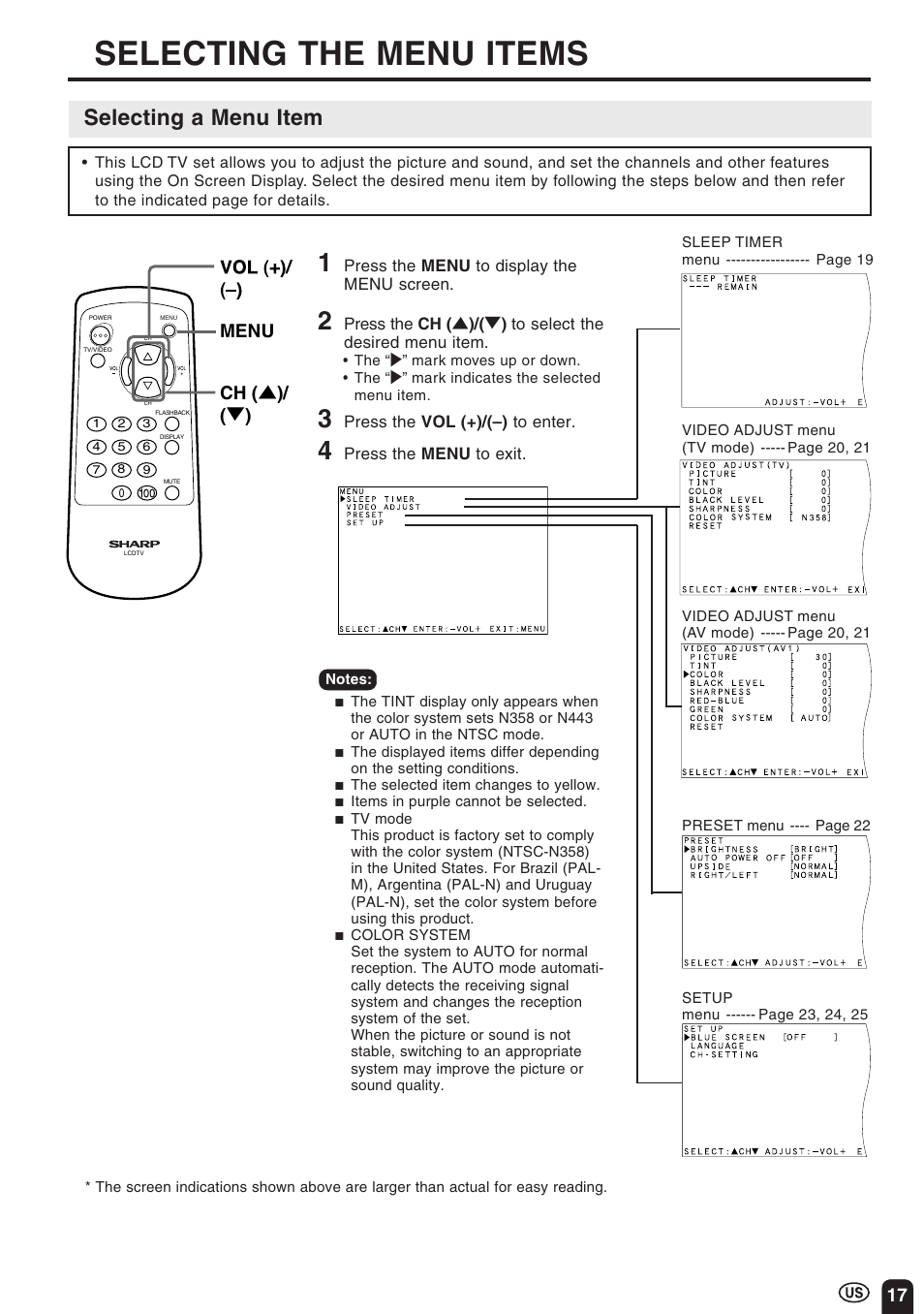 Selecting the menu items, Selecting a menu item, Menu ch ( ] )/ ( [ ) | Sharp Aquos LC 10A3U User Manual | Page 17 / 35