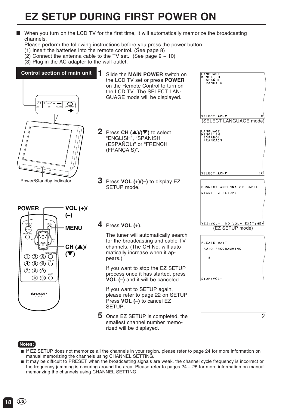 Ez setup during first power on, Menu ch ( ] )/ ( [ ) power | Sharp Aquos LC 10A3U User Manual | Page 18 / 35