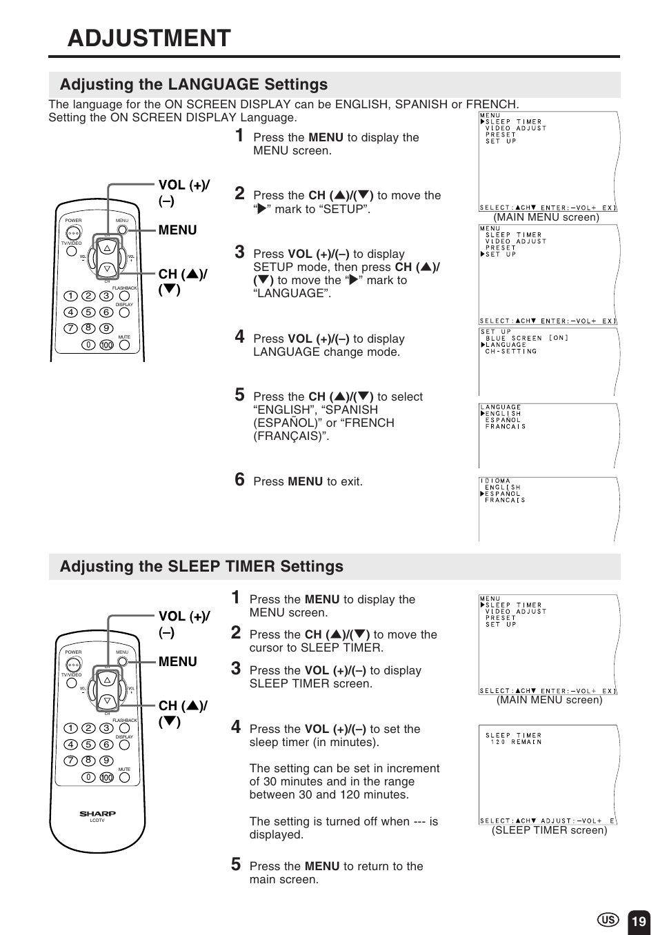 Adjustment, Adjusting the language settings, Adjusting the sleep timer settings | Sharp Aquos LC 10A3U User Manual | Page 19 / 35