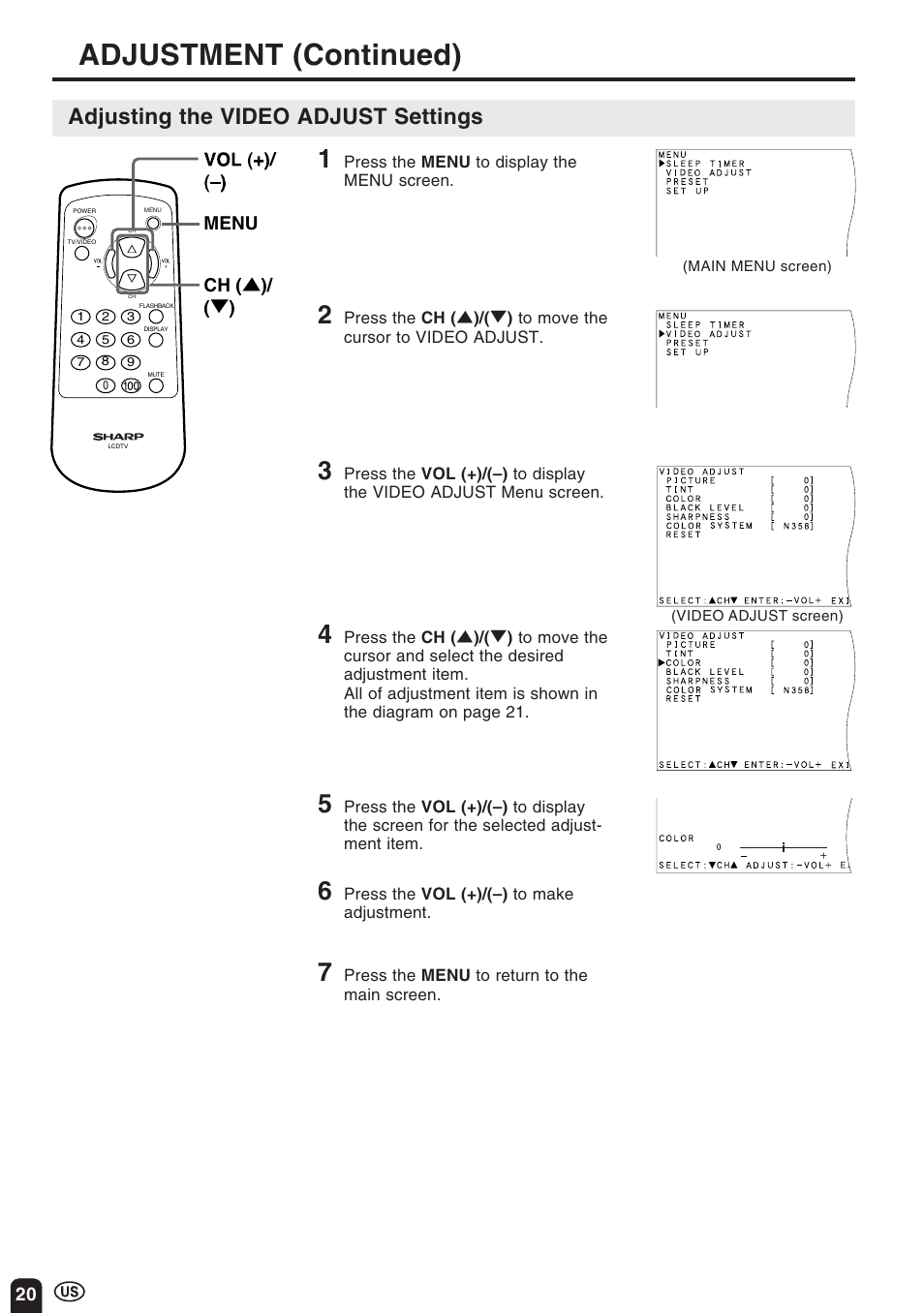 Adjustment (continued), Adjusting the video adjust settings | Sharp Aquos LC 10A3U User Manual | Page 20 / 35