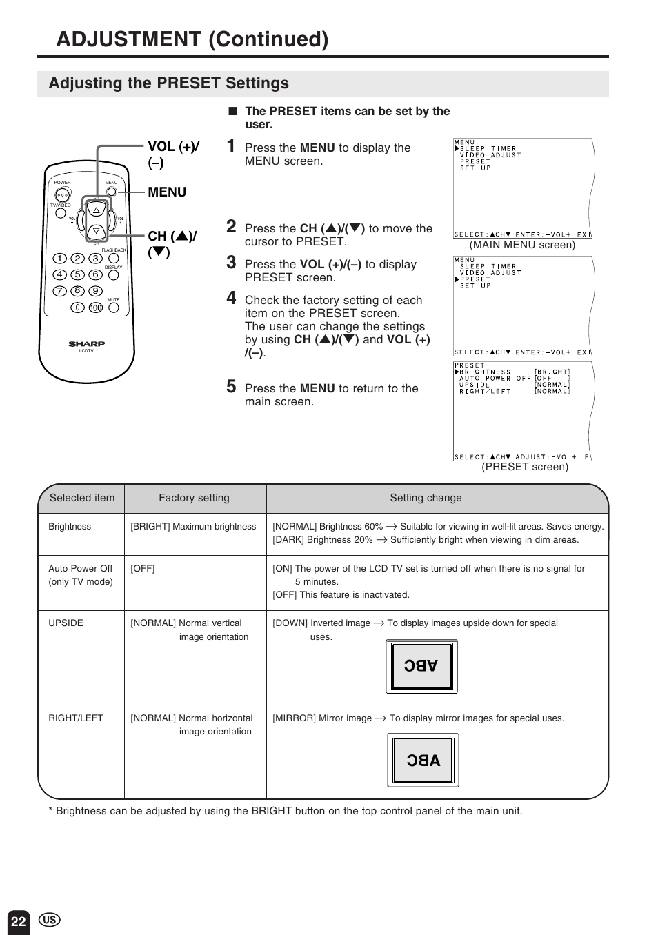 Adjustment (continued), Adjusting the preset settings, Menu ch ( ] )/ ( [ ) | Sharp Aquos LC 10A3U User Manual | Page 22 / 35