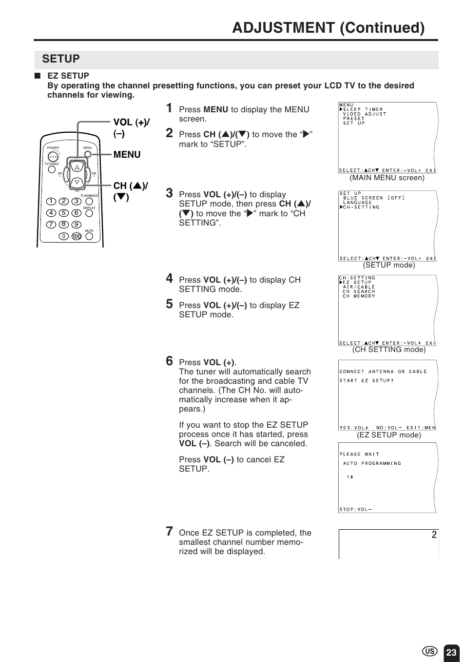 Adjustment (continued), Setup | Sharp Aquos LC 10A3U User Manual | Page 23 / 35