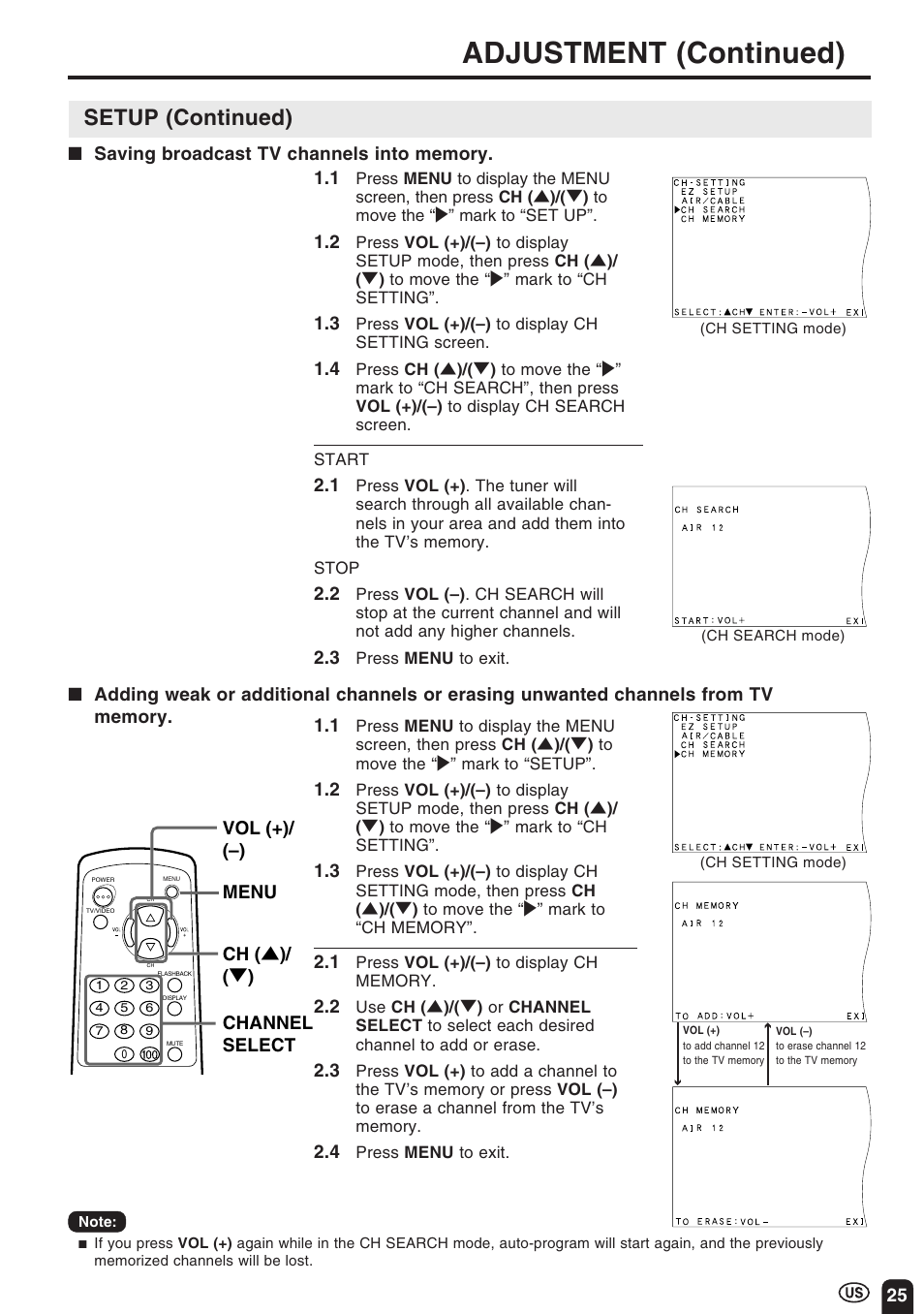 Adjustment (continued), Setup (continued) | Sharp Aquos LC 10A3U User Manual | Page 25 / 35