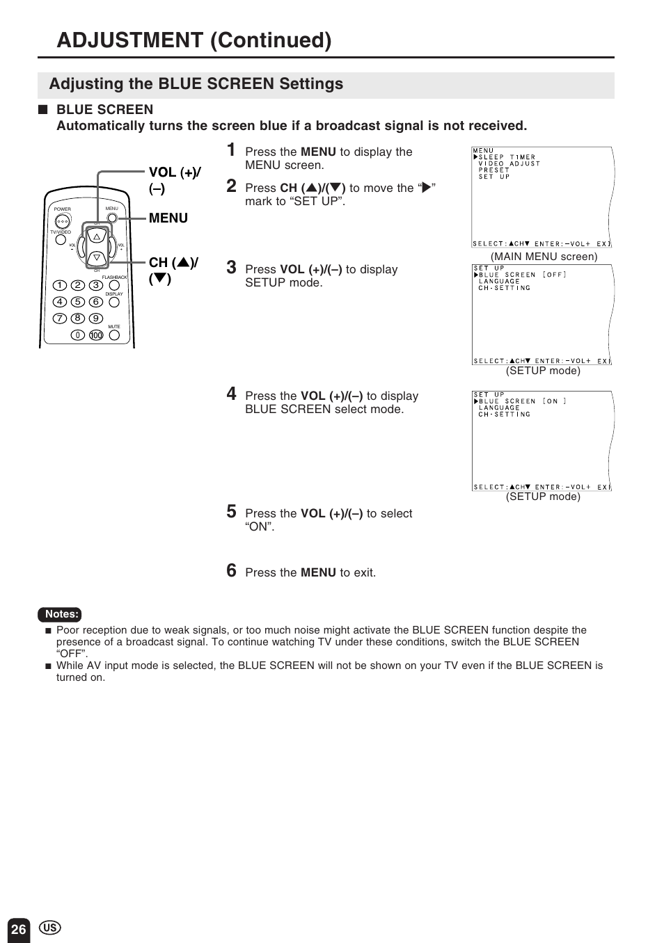 Adjustment (continued), Adjusting the blue screen settings | Sharp Aquos LC 10A3U User Manual | Page 26 / 35