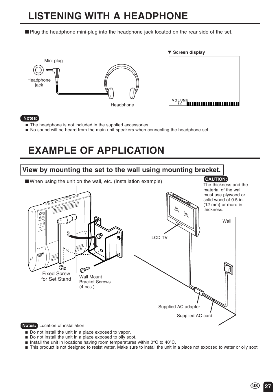 Listening with a headphone, Example of application | Sharp Aquos LC 10A3U User Manual | Page 27 / 35