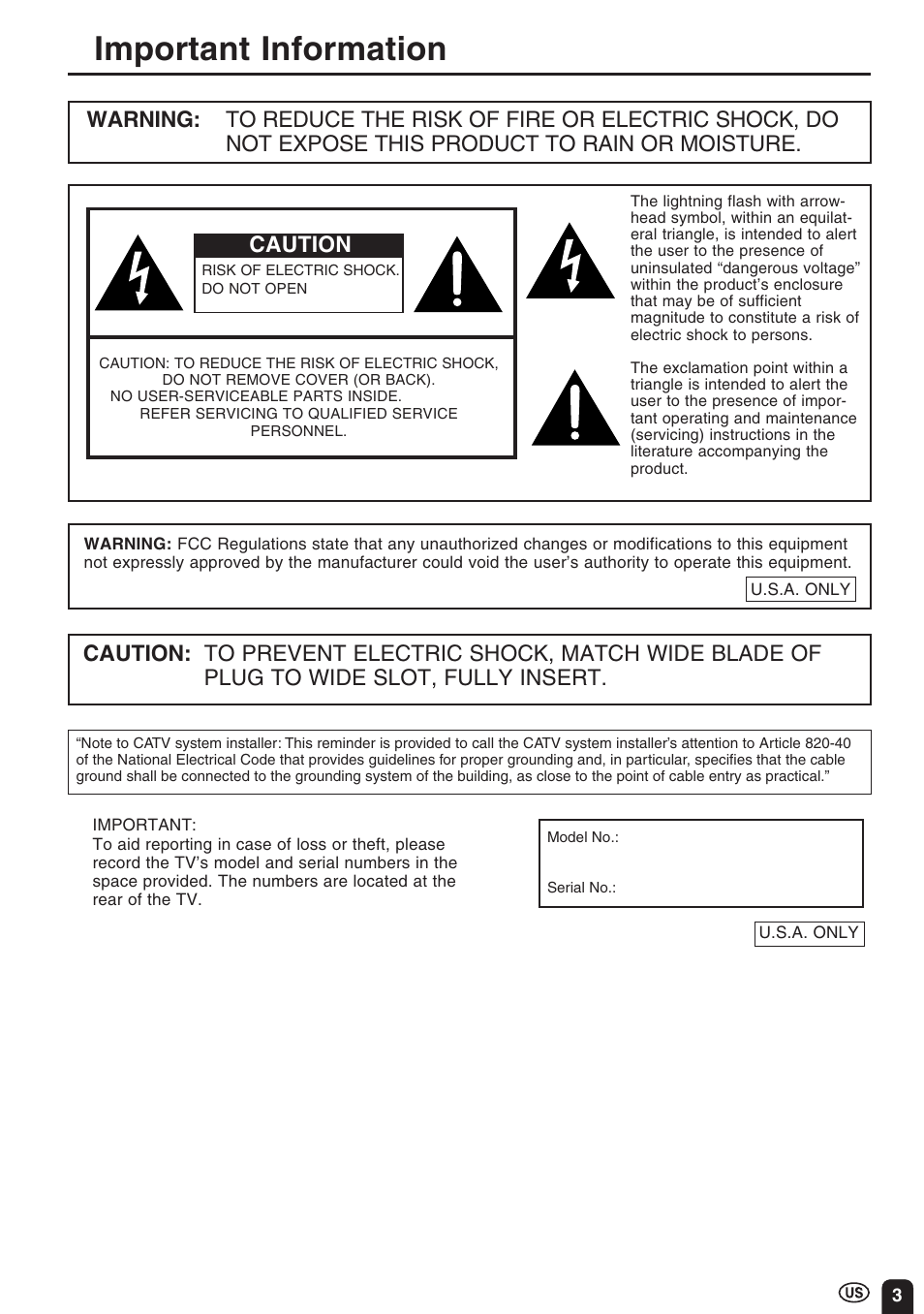 Important information | Sharp Aquos LC 10A3U User Manual | Page 3 / 35