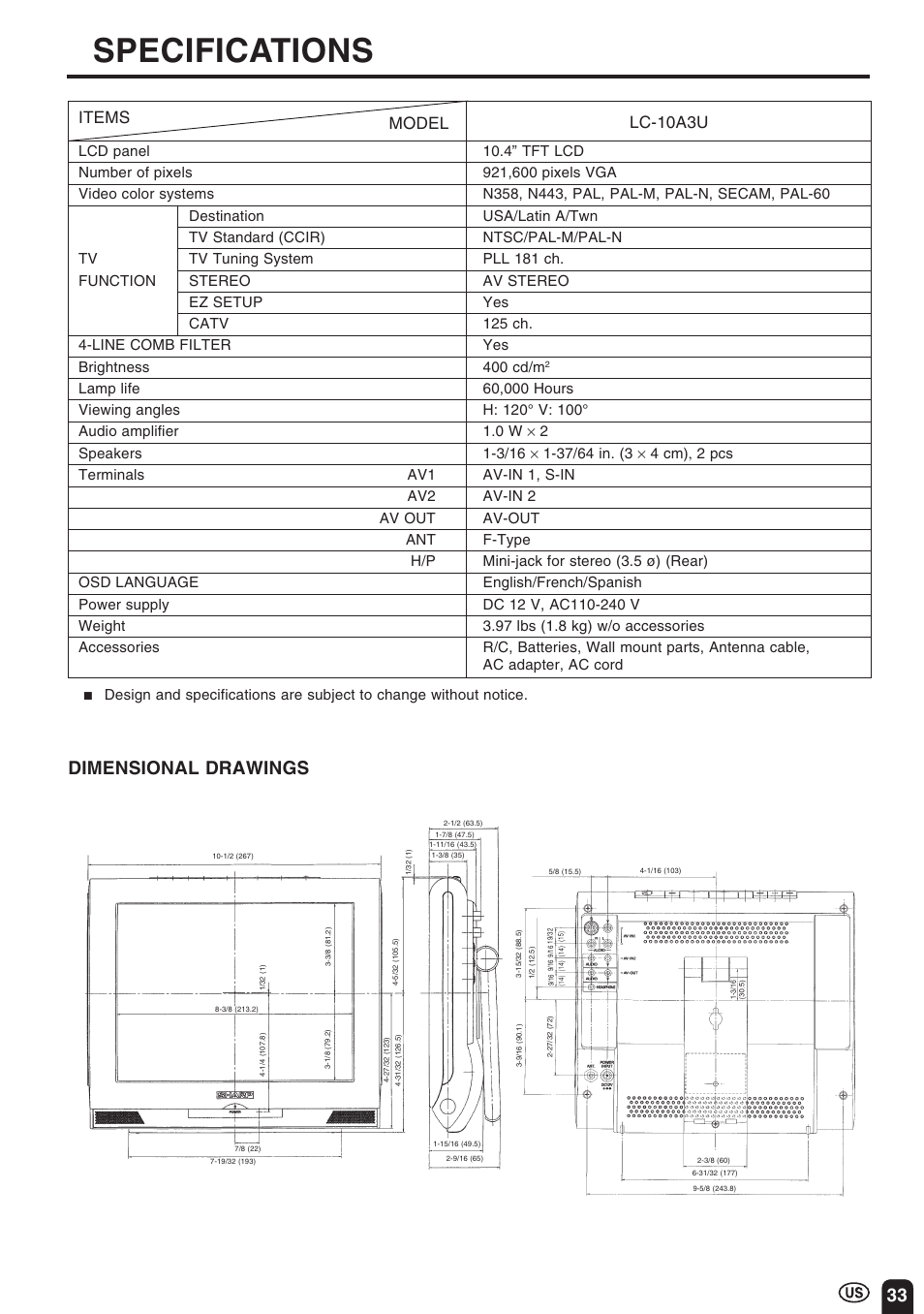 Specifications, Dimensional drawings, Items lc-10a3u model | Sharp Aquos LC 10A3U User Manual | Page 33 / 35