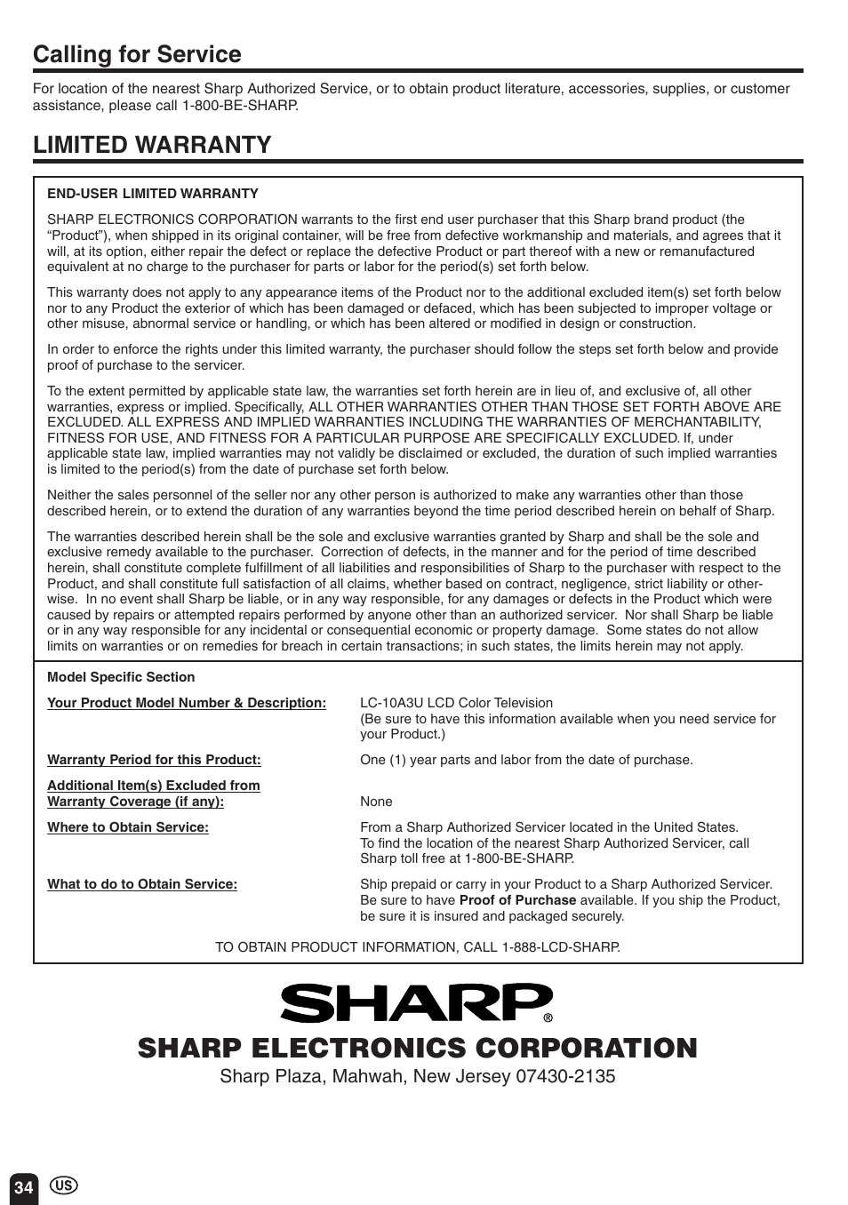 Sharp electronics corporation, Limited warranty, Calling for service | Sharp Aquos LC 10A3U User Manual | Page 34 / 35