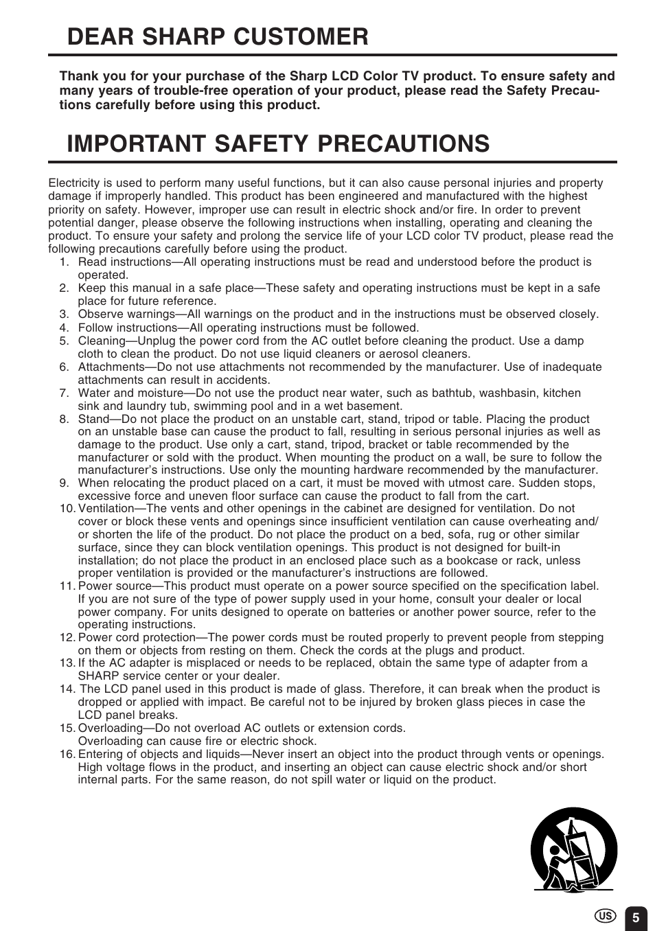 Dear sharp customer, Important safety precautions | Sharp Aquos LC 10A3U User Manual | Page 5 / 35
