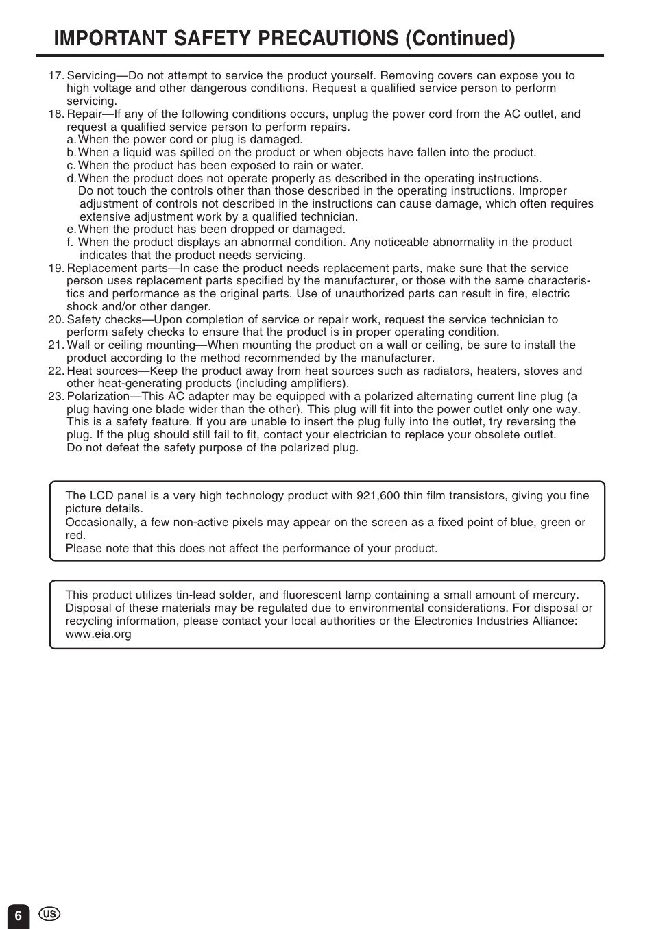 Important safety precautions (continued) | Sharp Aquos LC 10A3U User Manual | Page 6 / 35