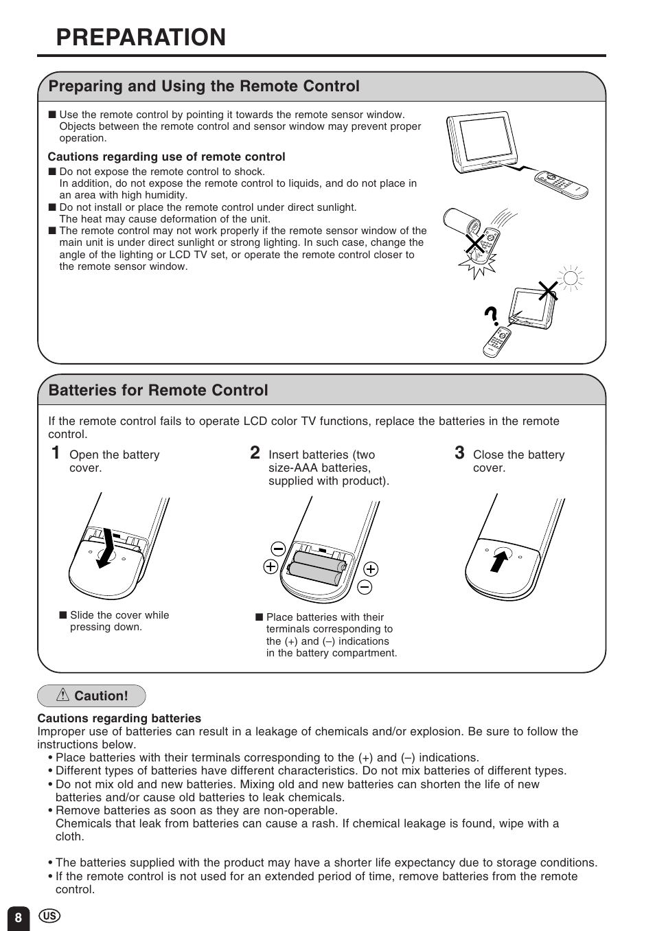 Preparation, Batteries for remote control, Preparing and using the remote control | Sharp Aquos LC 10A3U User Manual | Page 8 / 35