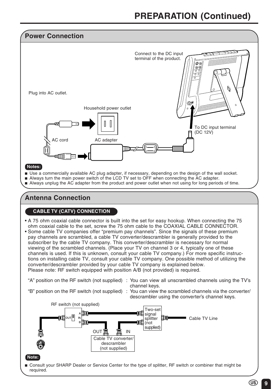 Preparation (continued), Power connection, Antenna connection | Sharp Aquos LC 10A3U User Manual | Page 9 / 35