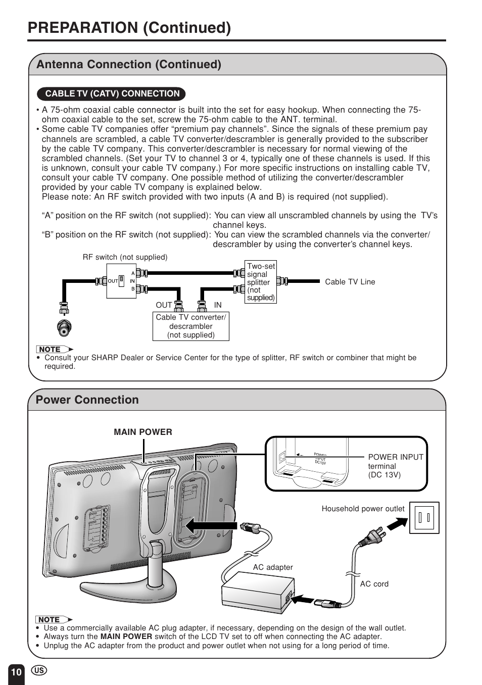 Preparation (continued), Power connection, Antenna connection (continued) | Main power | Sharp Aquos LC 22SV2U User Manual | Page 11 / 49