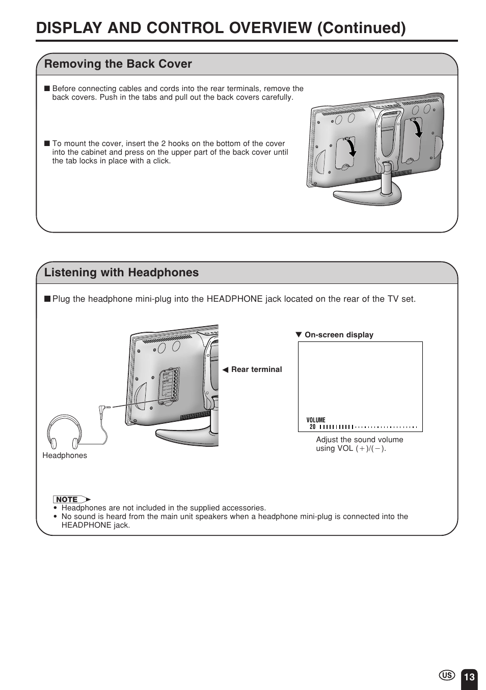 Display and control overview (continued), Listening with headphones, Removing the back cover | Sharp Aquos LC 22SV2U User Manual | Page 14 / 49