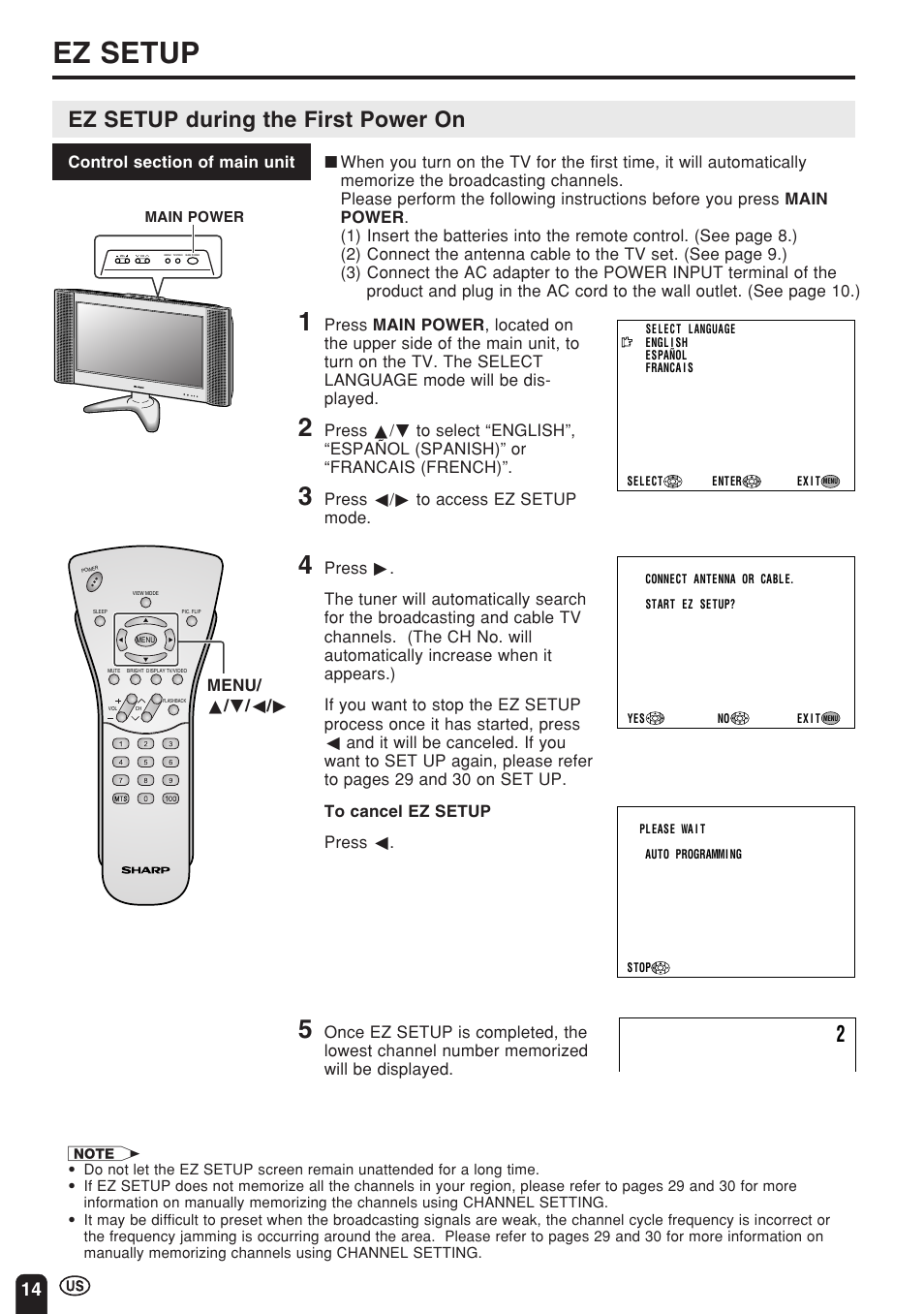 Ez setup, Ez setup during the first power on, Press c/d to access ez setup mode | Sharp Aquos LC 22SV2U User Manual | Page 15 / 49