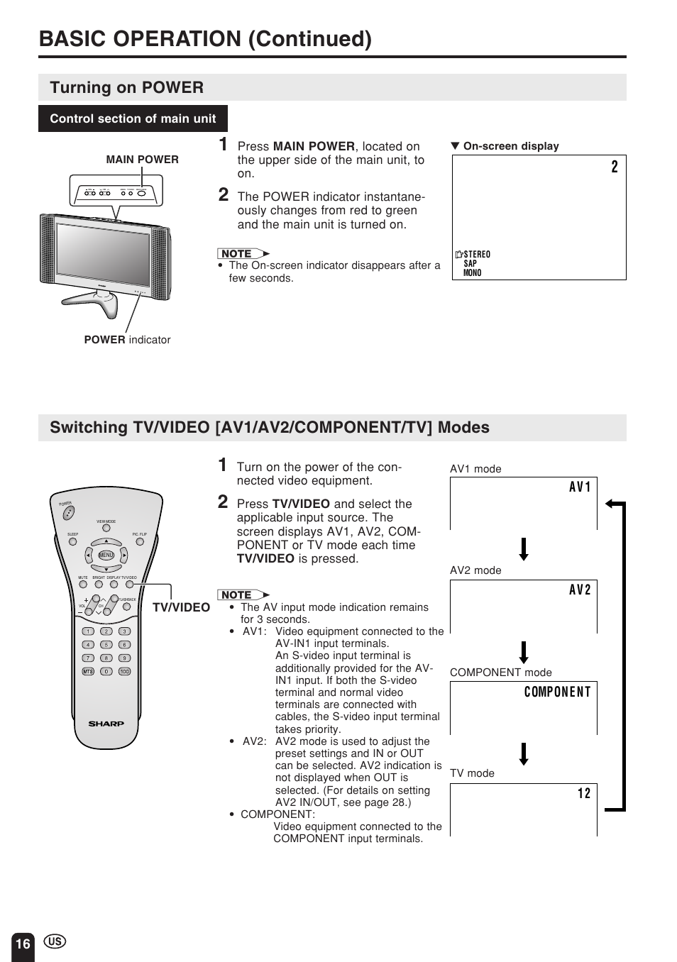 Basic operation (continued), Turning on power, Switching tv/video [av1/av2/component/tv] modes | Sharp Aquos LC 22SV2U User Manual | Page 17 / 49