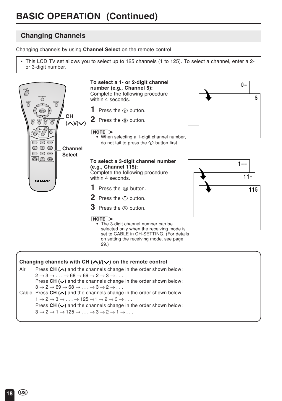 Basic operation (continued), Changing channels | Sharp Aquos LC 22SV2U User Manual | Page 19 / 49