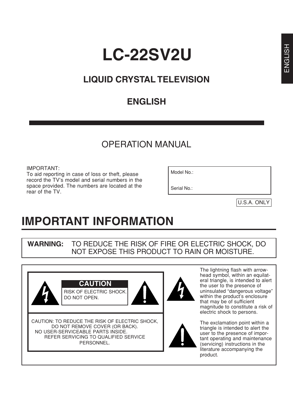 Lc-22sv2u, Important information, Liquid crystal television operation manual english | Sharp Aquos LC 22SV2U User Manual | Page 2 / 49