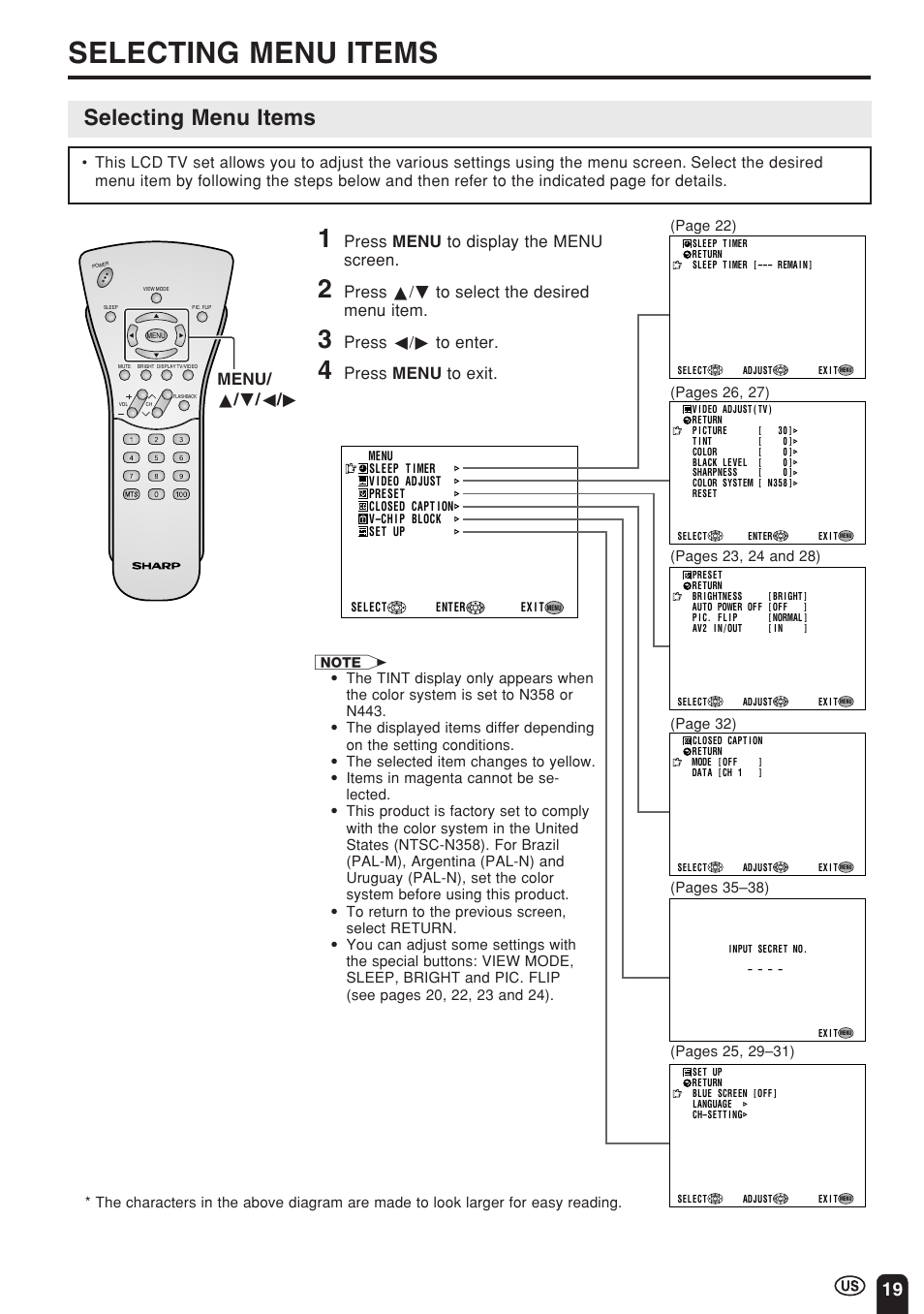 Selecting menu items, Press menu to display the menu screen, Press a/b to select the desired menu item | Press c/d to enter, Press menu to exit, Menu/ a / b / c / d | Sharp Aquos LC 22SV2U User Manual | Page 20 / 49