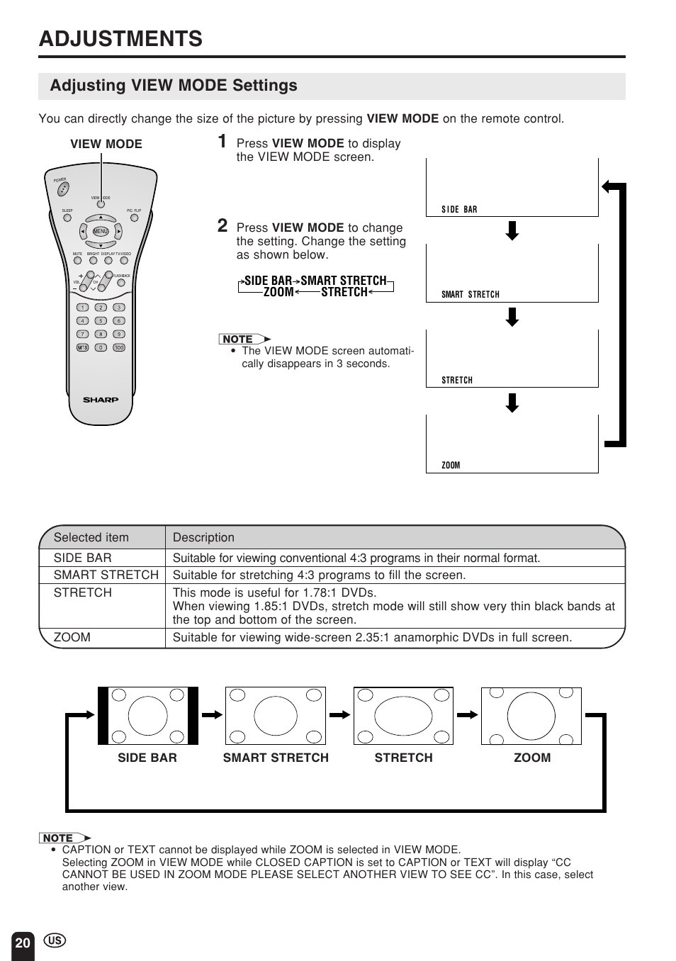 Adjustments, Adjusting view mode settings | Sharp Aquos LC 22SV2U User Manual | Page 21 / 49