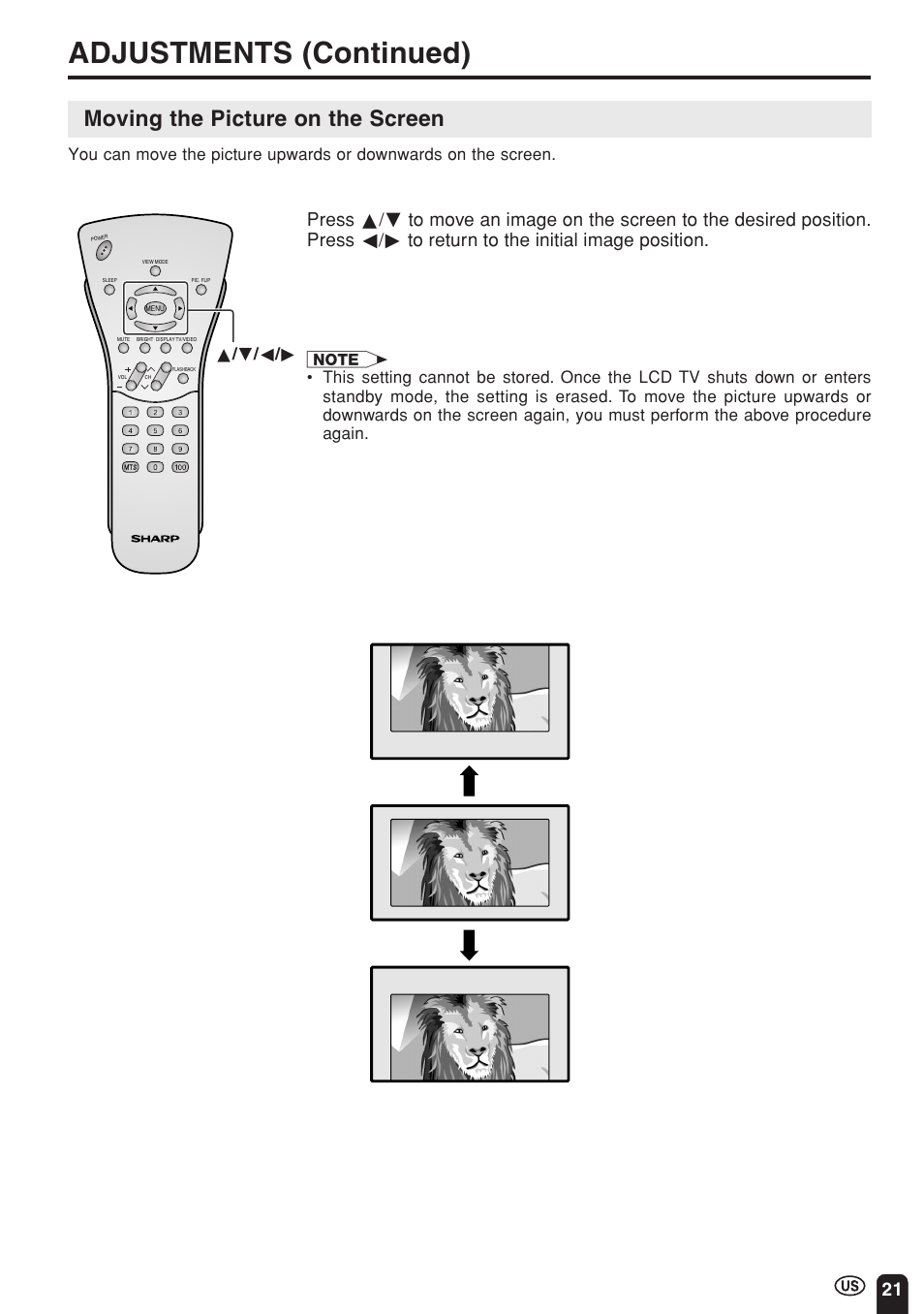 Adjustments (continued), Moving the picture on the screen | Sharp Aquos LC 22SV2U User Manual | Page 22 / 49