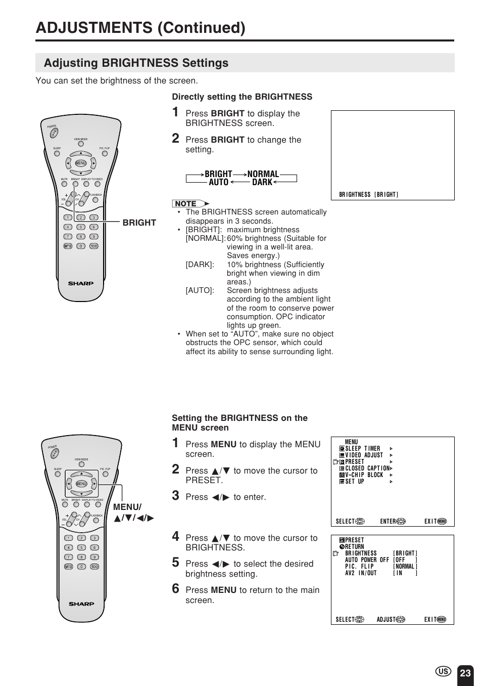Adjustments (continued), Adjusting brightness settings | Sharp Aquos LC 22SV2U User Manual | Page 24 / 49
