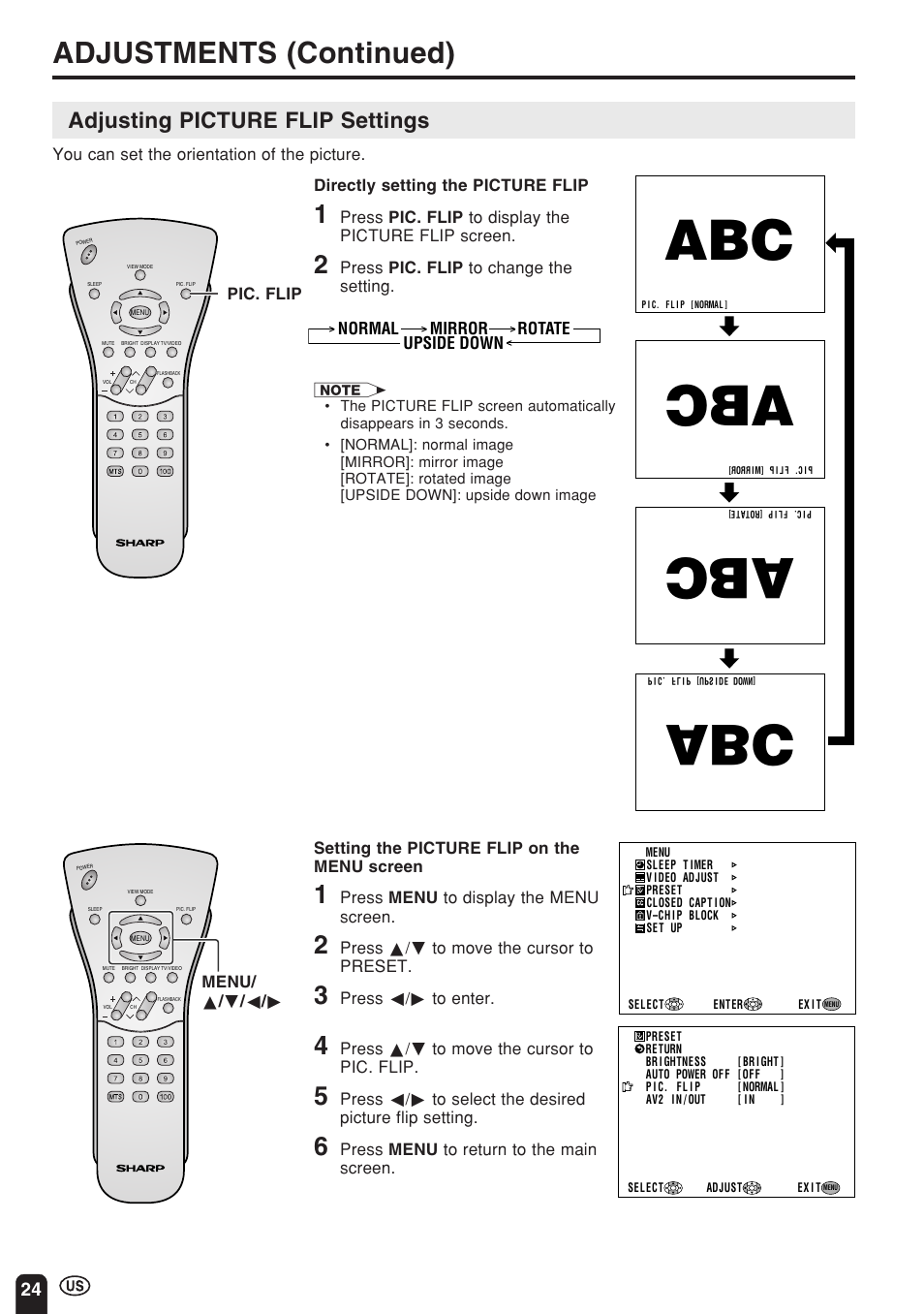 Adjustments (continued), Adjusting picture flip settings | Sharp Aquos LC 22SV2U User Manual | Page 25 / 49