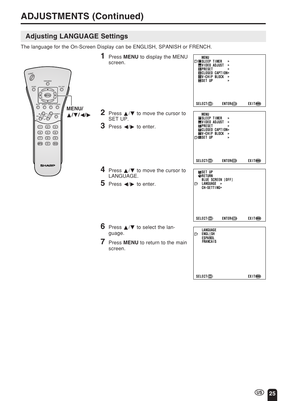 Adjustments (continued), Adjusting language settings | Sharp Aquos LC 22SV2U User Manual | Page 26 / 49