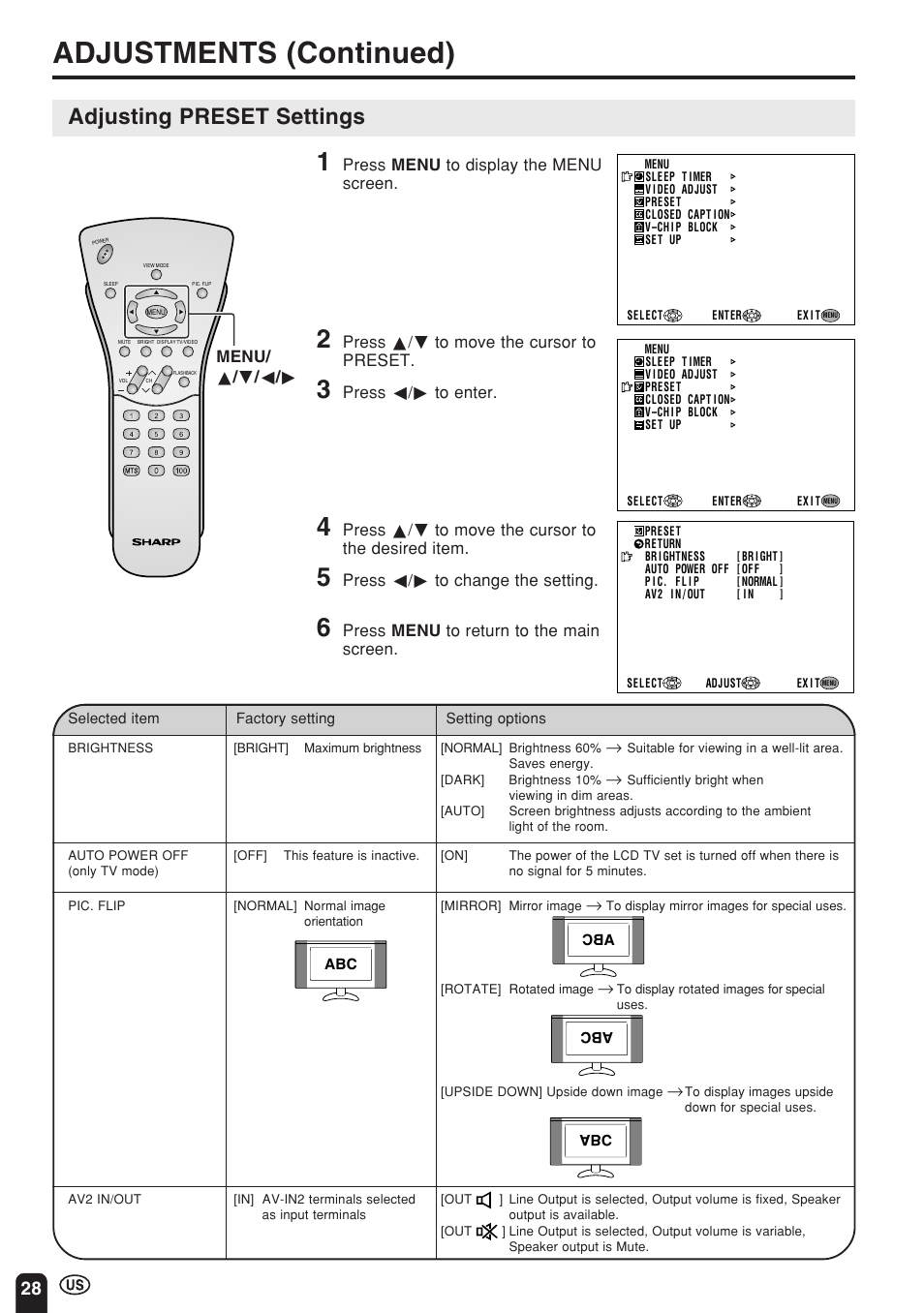 Adjustments (continued), Adjusting preset settings | Sharp Aquos LC 22SV2U User Manual | Page 29 / 49