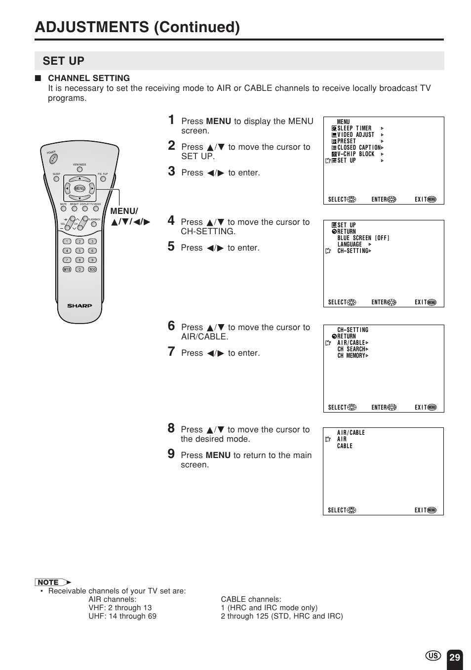 Adjustments (continued), Set up | Sharp Aquos LC 22SV2U User Manual | Page 30 / 49