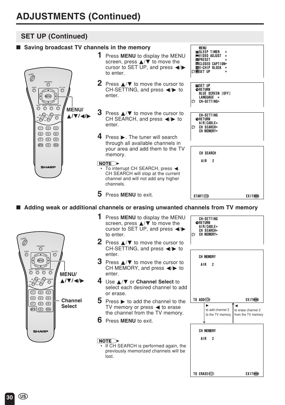 Adjustments (continued), Set up (continued) | Sharp Aquos LC 22SV2U User Manual | Page 31 / 49