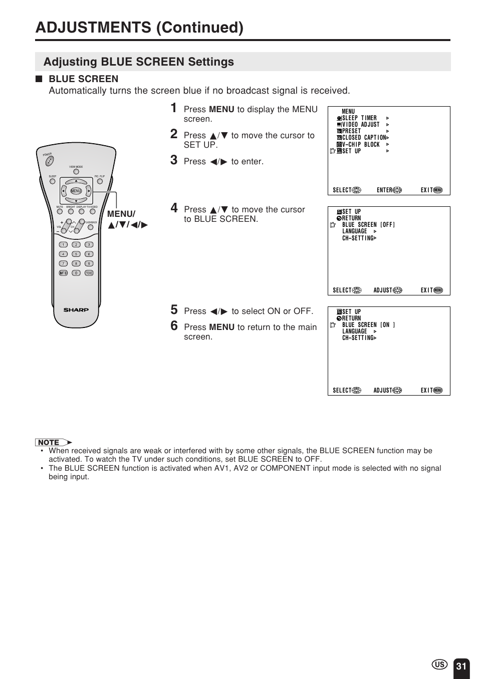 Adjustments (continued), Adjusting blue screen settings | Sharp Aquos LC 22SV2U User Manual | Page 32 / 49