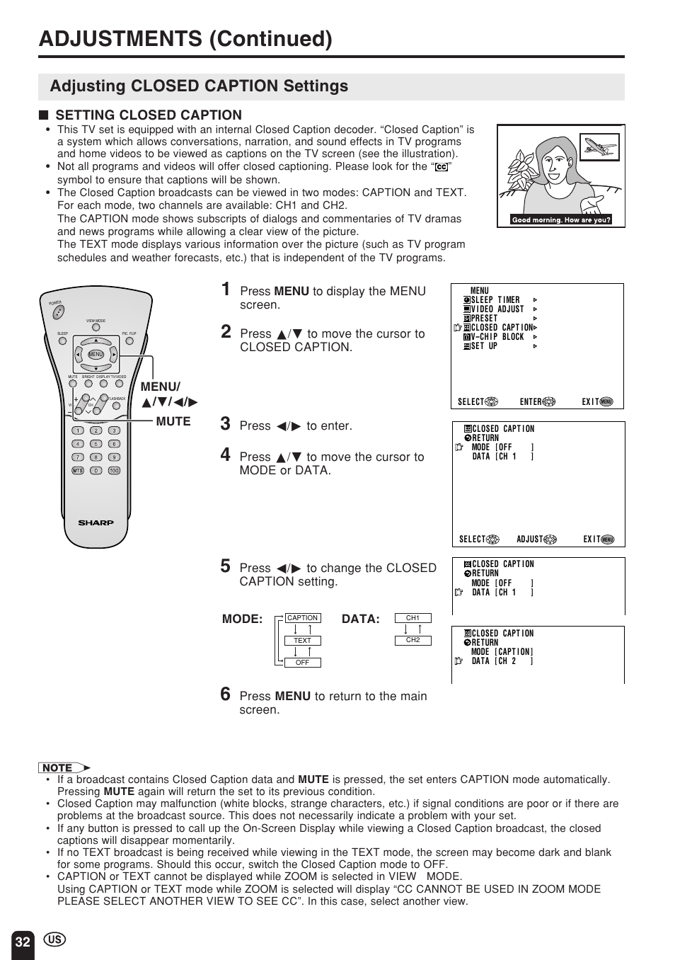 Adjustments (continued), Adjusting closed caption settings, Setting closed caption | Sharp Aquos LC 22SV2U User Manual | Page 33 / 49