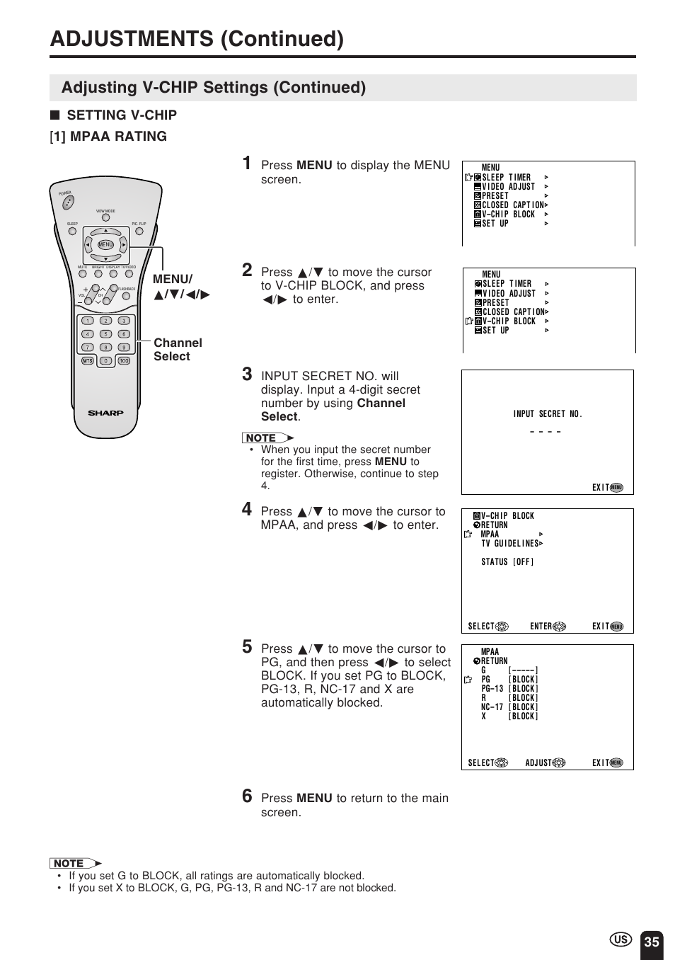 Adjustments (continued), Adjusting v-chip settings (continued), 35 [ 1] mpaa rating ■ setting v-chip | Sharp Aquos LC 22SV2U User Manual | Page 36 / 49