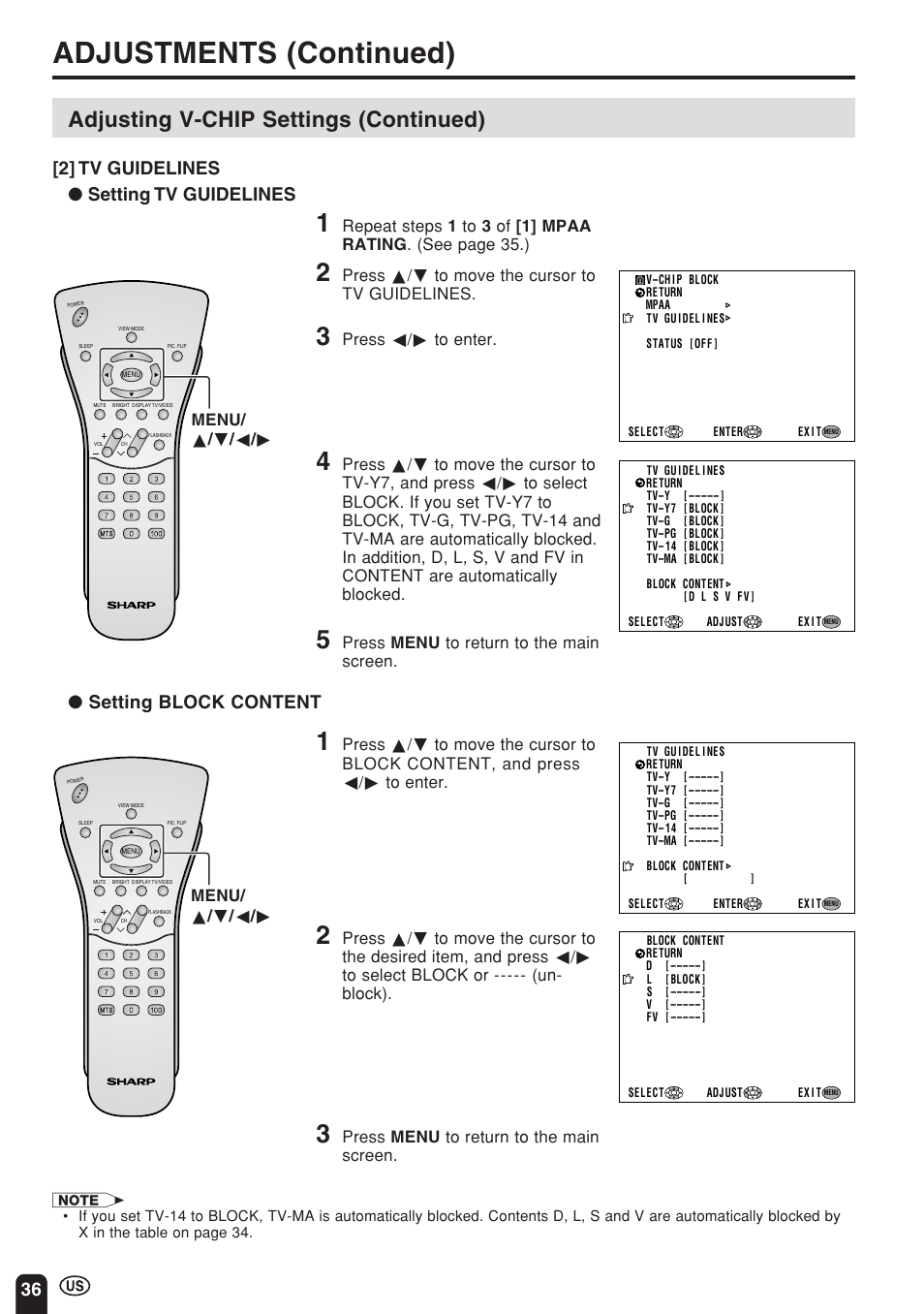 Adjustments (continued), Parent control (v-chip operation continued), Adjusting v-chip settings (continued) | 36 [2] tv guidelines ● setting tv guidelines, Setting block content, Press a/b to move the cursor to tv guidelines, Press c/d to enter, Press menu to return to the main screen, Menu/ a / b / c / d | Sharp Aquos LC 22SV2U User Manual | Page 37 / 49