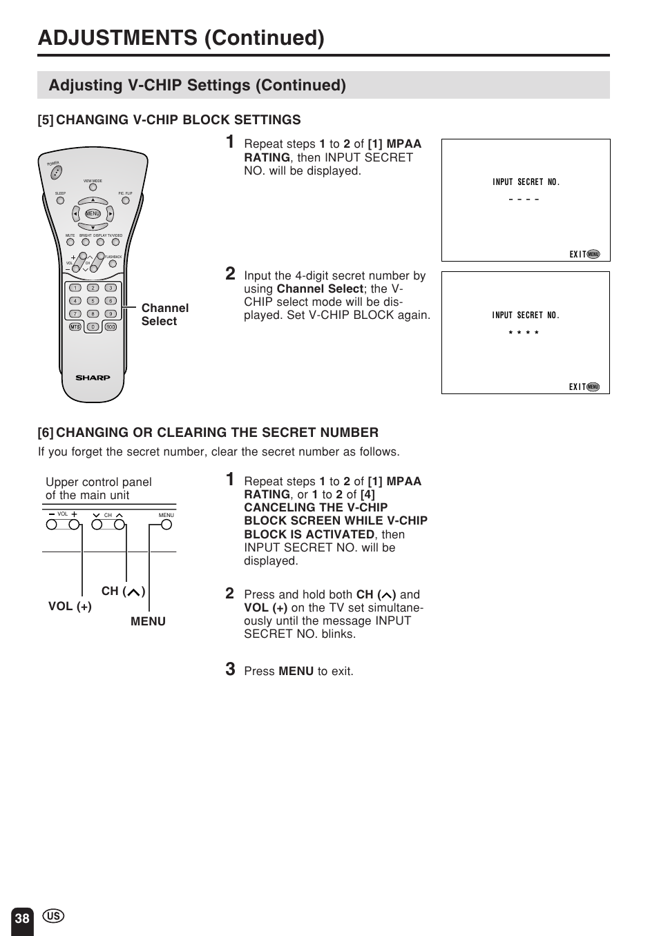 Adjustments (continued), Adjusting v-chip settings (continued), 38 [5] changing v-chip block settings | 6] changing or clearing the secret number | Sharp Aquos LC 22SV2U User Manual | Page 39 / 49
